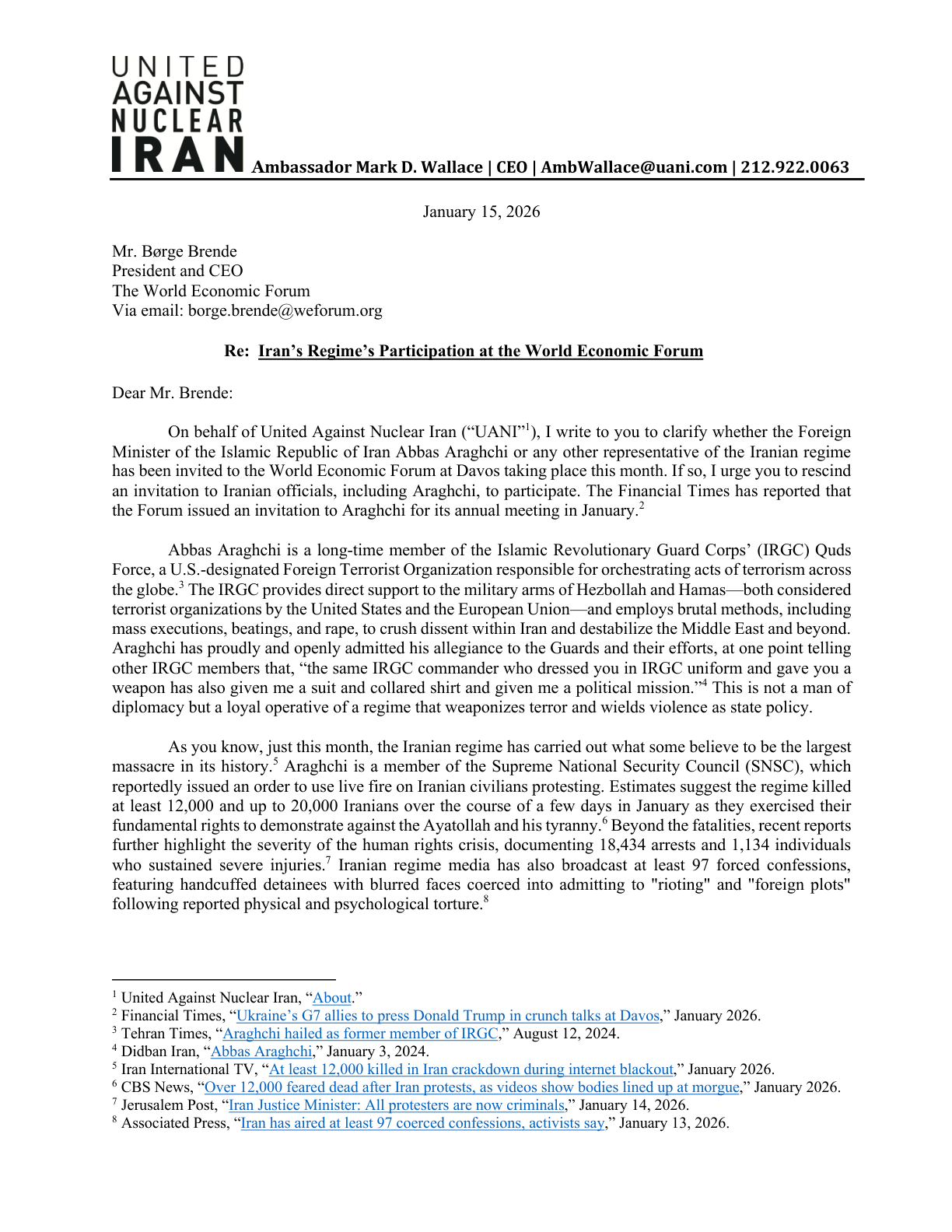 UANI WEF Letter - Page 1 (Key Claims & Figures)